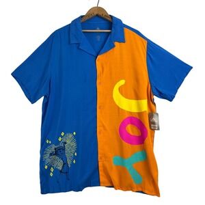 Disney Inside Out Joy Colorblock Button Up Shirt Mens XL Blue Orange Pixar New